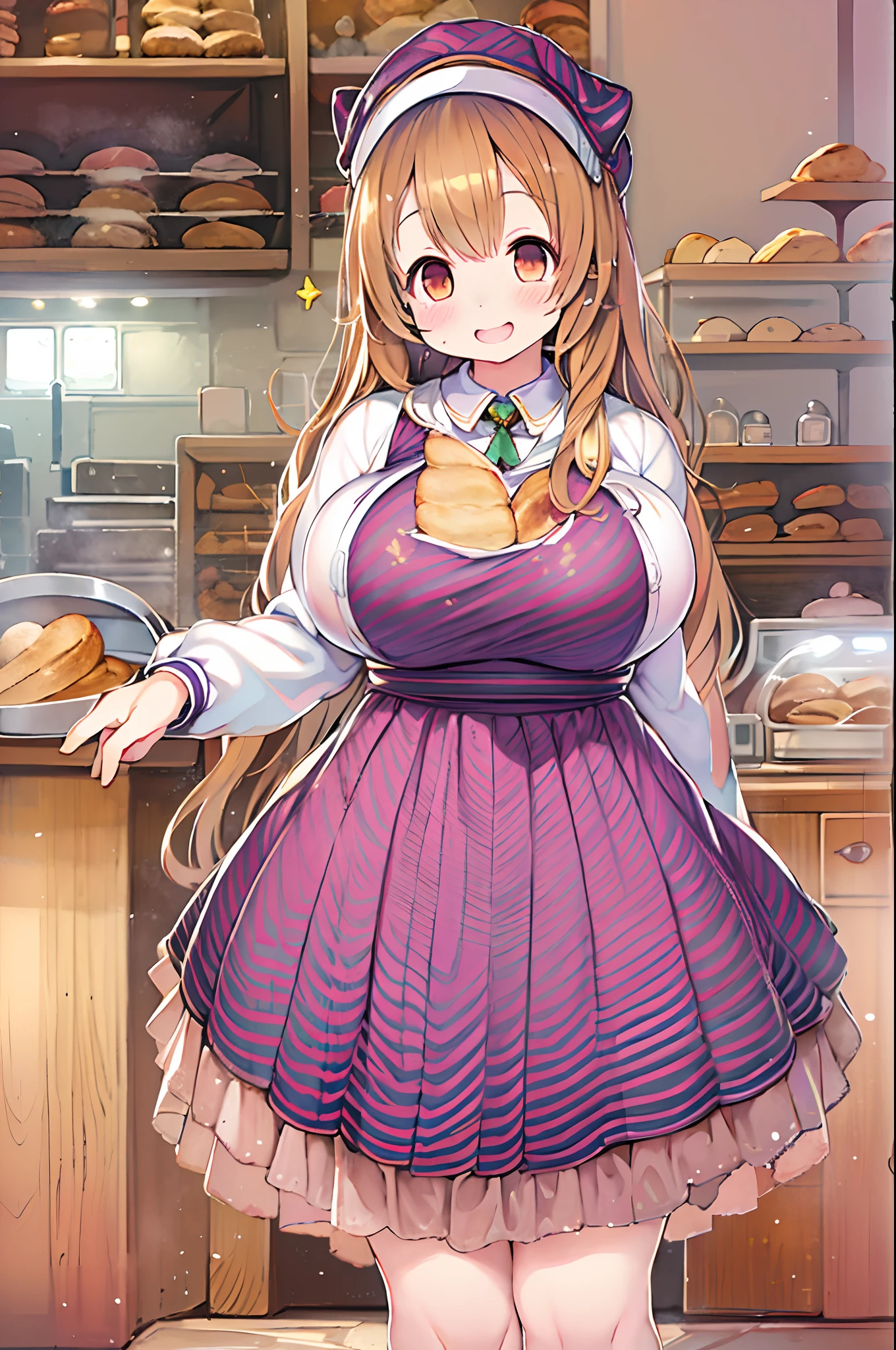 1人、huge-breasted、kawaii、bbw、thick thight、big butts、Ultramammy,pleatedskirt、Bakery、Baker、Bread lining、A big smile
