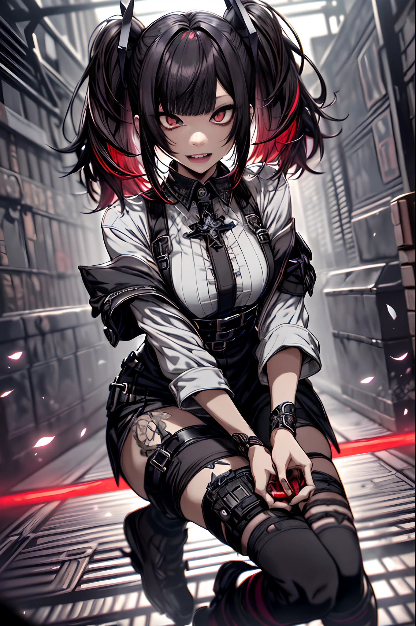 eye glass、Twin-tailed、Side Up、red eyes、mobile phone、iphone、Full body、A dark-haired、Gothic punk、A dark-haired、Blunt bangs、Ahegao ( Silly / Sexual ecstasy)、Cross-eyed、Stranger、View other people、Blunt bangs、 over-kneehighs,Ahegao , Silly,Sexual ecstasy,Drunken eyes,Blunt bangs,(masutepiece:1.2, Best Quality), (finely detailed beautiful eye: 1.2), (Detailed background,Dark Fantasy), (beautifull detailed face), High contrast, (Best Illumination, extremely delicate and beautiful), ((Cinematic Light)), Colorful, Hyper Detail, Dramatic light, Intricate details,