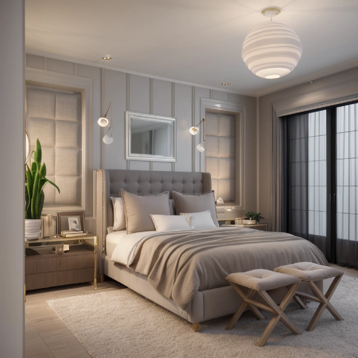 in the night, nice lighting,
luxurious bedroom interior design, luxury interior, luxurious bed,tufted carpet, large glass window with gray drapes, natural light, softlight, (flat white ceiling),masterpiece, realistic, high quality, potted plants