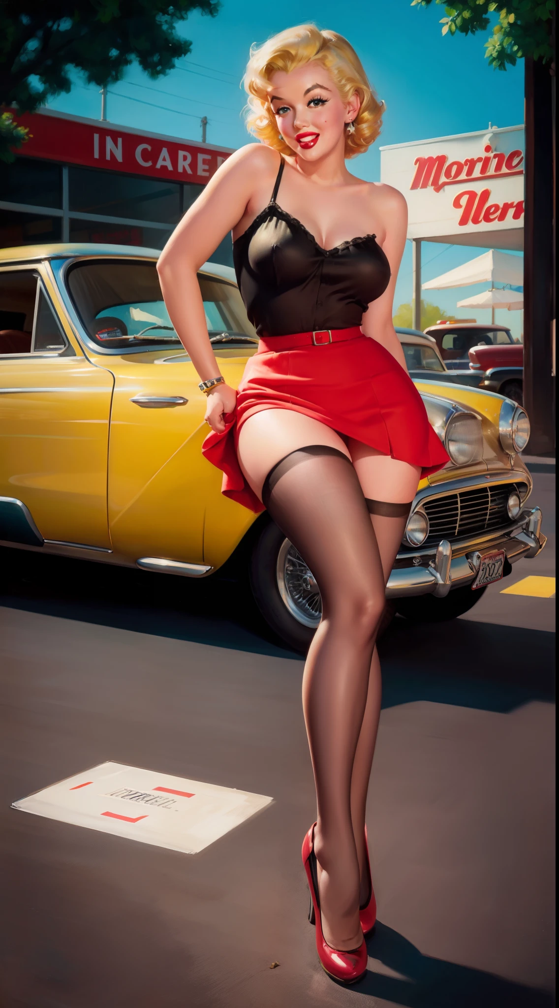 20 years old Marilyn Monroe sitting on the ground sheet, in front of a retro car, vintage, retro pin up style, sexy, detailed face,detailedhand and legs,, surprised, mini tight skirt, flowing skirt, colorful , Harmony color scheme, masterpieces art work, illustrated,