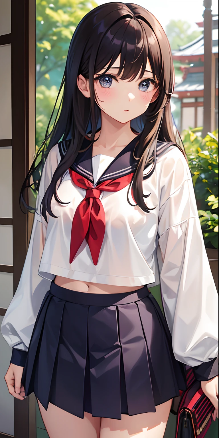 1girl in、AS-Adult、Shirt、hairy skirt、(Small breasts)Chilarism、Japan High School Student Uniform、Serafuku、summer clothes、(Sheer bra)、Upper body portrait、