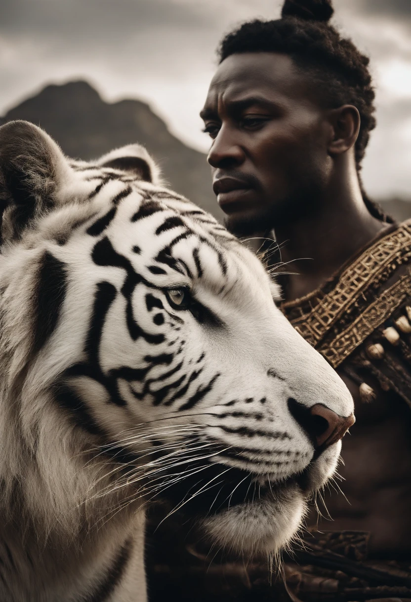An african ancient warrior with White tiger,Mountain and Sea Scriptures,Mythical beasts,Handsome,Missing characters