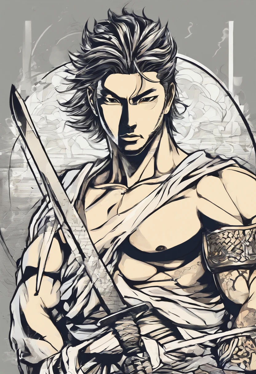 Masculine samurai without shirt, use sword