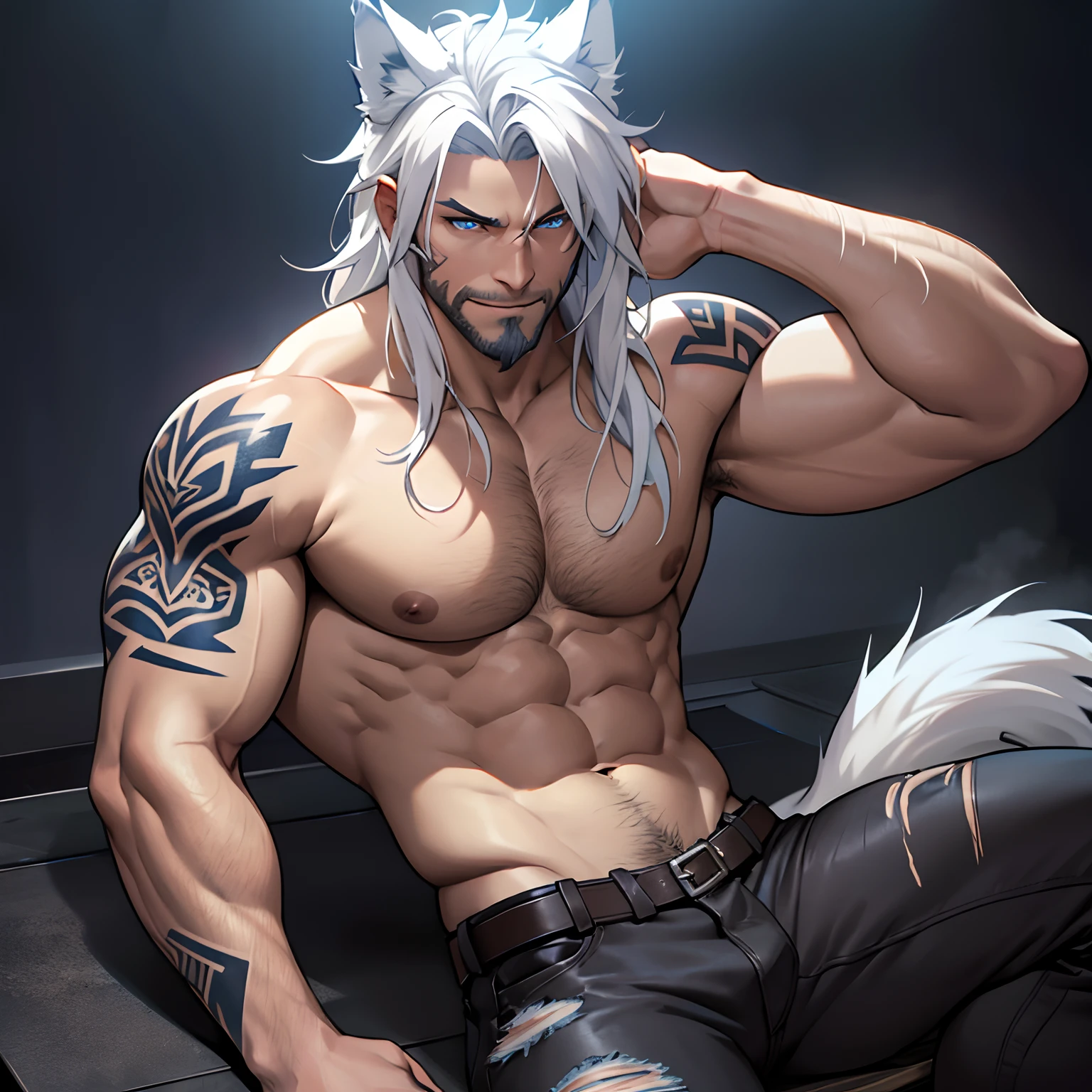 Muscular shirtless male wearing just a pair of torn jeans, has long white hair, has wolf ears, has glowing blue eyes, has light beard stubble, has wolf tail, solo, alone, (SOLO)(ALONE) shirtless, no shirt, (SHIRTLESS)(NO SHIRT), flexing, mystic backround, covered in tribal tattoos, wearing leather belt