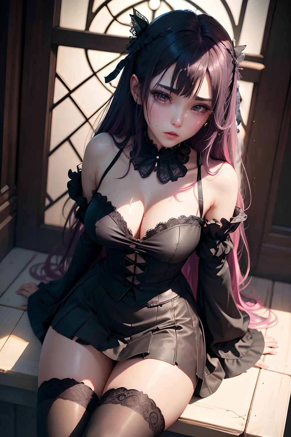 A sexy、A slight smil、garterbelts、knee high socks、panthyhose、Beautifying the world、Unhappy、Lament my night's fantasy、Transcendent beauty、Beautiful shape、wretched、ghosts、wraiths、Evil Spirit、Beautiful、boredom、Unusual beauty、Bewitching、Fornication、Hard Dark Gothic Makeup、Maniacal、Deep night sky、horor、twin-tail hair、Black Dark Eyeshadow、slaves、crying how bright、mourn、Sad songs、Good skin luster、Lace pink、Long hair straight hair、Dark Gothic Makeup、Dark smile、Restless Palace、Expressions of sexual arousal、Fragrant beauty、age19、carriage、Lying、seductiv、Strong sexual pleasure facial expressions、A look of shame、Dark Gothic、Gothic Long Dress、Gothic ta、bright pink hair、masturbation、bell sleeves、Wizard Sleeve、Obscene look、Stained glass background、masutepiece、Best Quality、Ultra-detailed、Refers to 5 books、Sweat glitters on my chest、Glitter of sweat on your face、Expression of sexual pleasure in anguish、Drunken face、maid clothes、Nasty Woman、Mysterious、noble、Face holding back the toilet、Goth lolithes、Black pretend skirt、View from above、The body is wet and shiny、Has a transcendent sex appeal、Sexy poses、Nasty poses、Face with burning body、sloppily open your legs、Glistening with huge amounts of sweat on my thighs、I'm sweating a lot、A little slender、Breast size medium、cross one's legs、