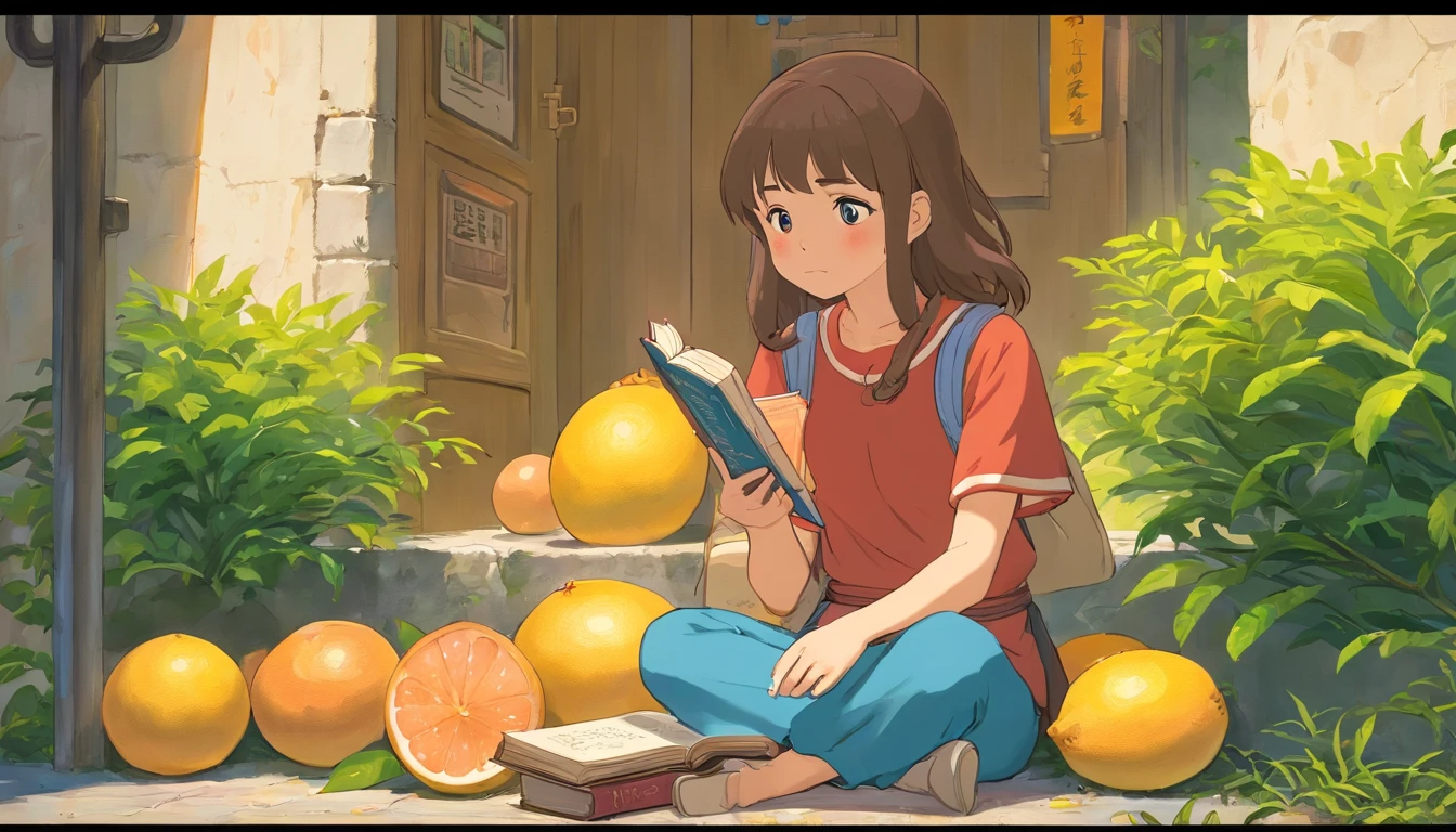 a girl sitting by the roadside, holding a book, in front of her are two frames of pomelo fruits,illustration,detailed background,detailed clothing and facial expression,high quality,4k resolution,realistic style with vibrant colors,soft lighting