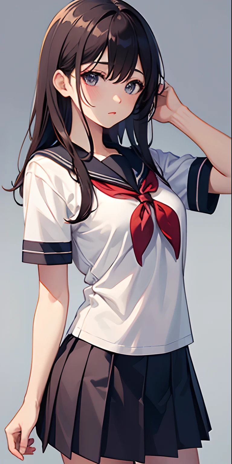 masterpiece, best quality, highres, gotou1, gotou hitori, solo, bangs, hair between eyes, short sleeves, school uniform, skirt, shirt, sailor collar, medium breasts, sideways, shadowed face,