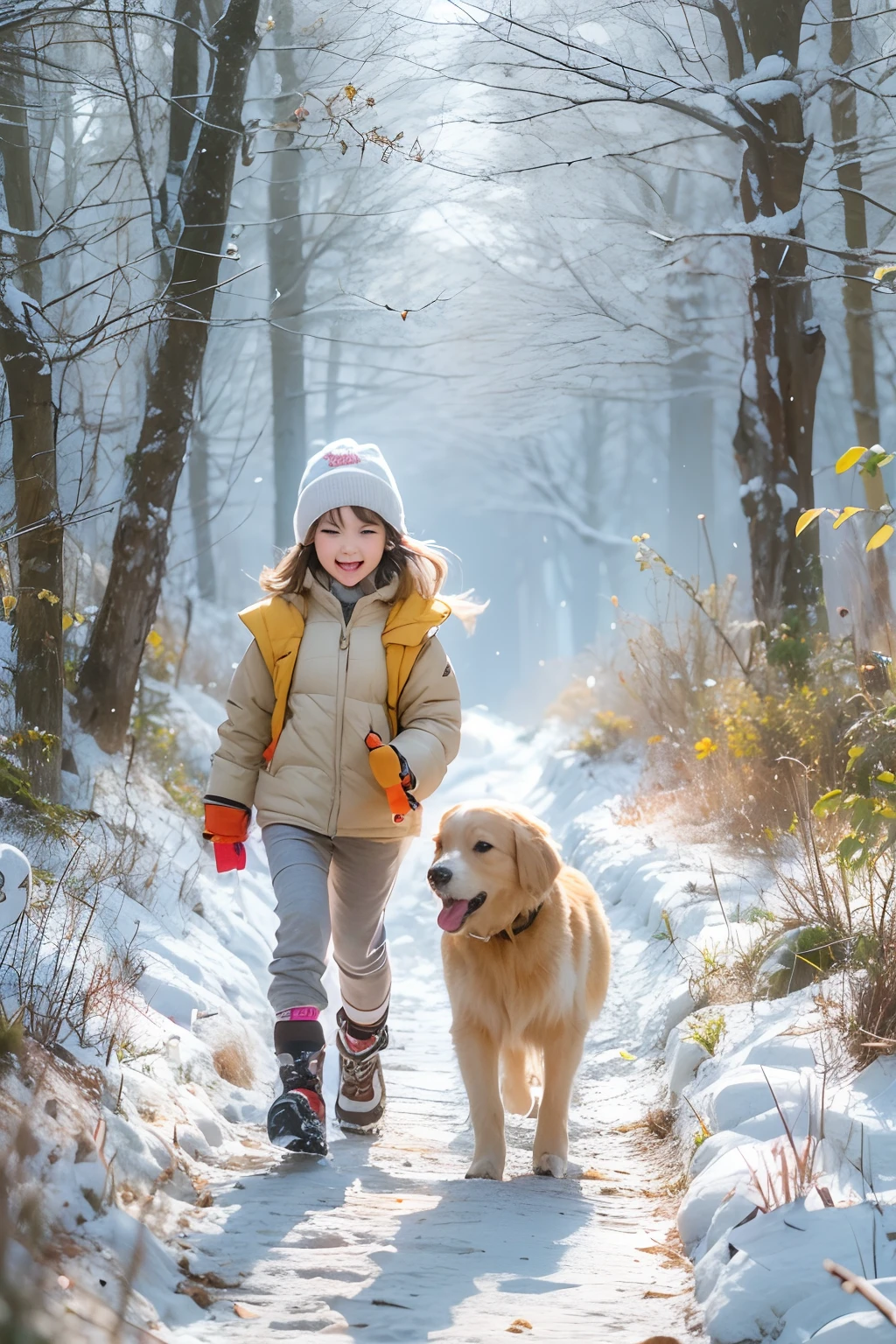 8--old l, Clear facial features, Happy and a golden retriever, Walk on mountain trails, There was snow on the road.