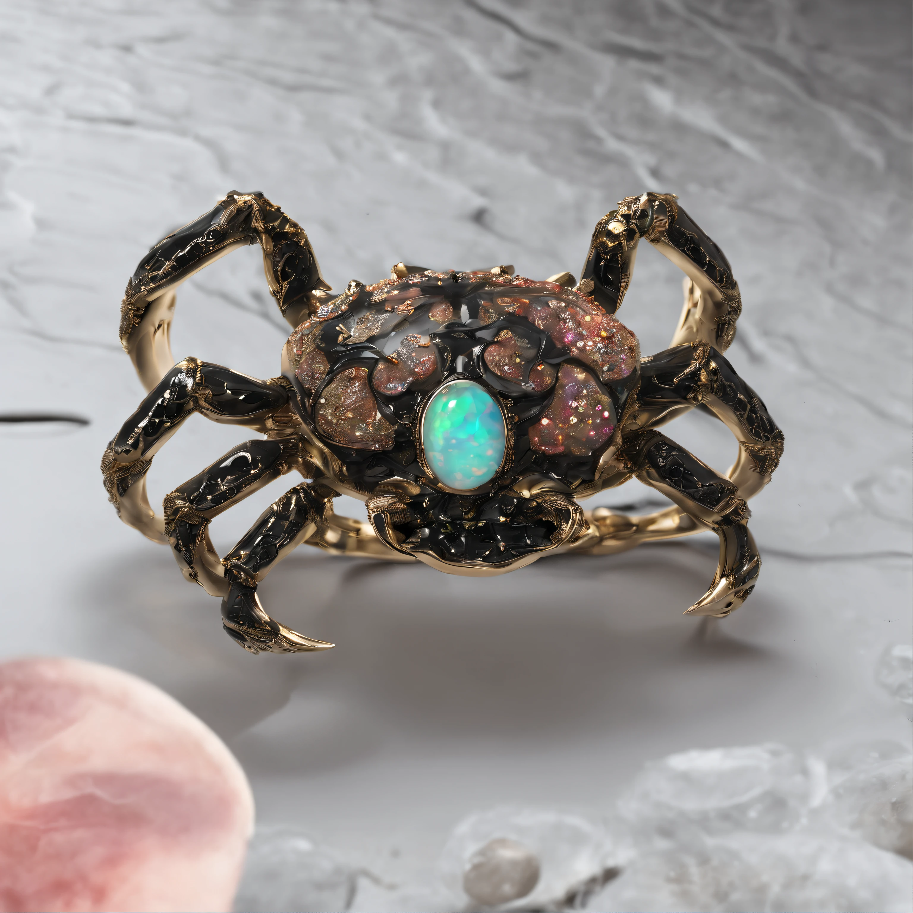 （A close-up of a ring with a crab gravel opal：1.8）, （Elastic open ring），（The crab body is made of gravel opal），（The crab's lovely eyes are set with rubies），（The mouth），（2 crab clips wrapped around the ring stem：1.37），Playful tentacles，Complete limbs full of details，对称，（Professional inlaying），copious jewelry, ,Platinum and black gold，Cute shape，Cartoony，