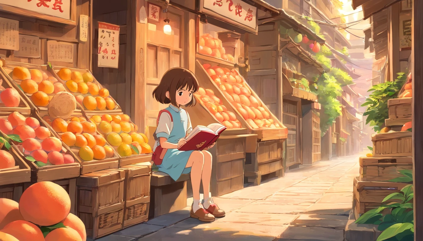 A little girl sits on the side of the market road reading a book,In front are two baskets of grapefruit
