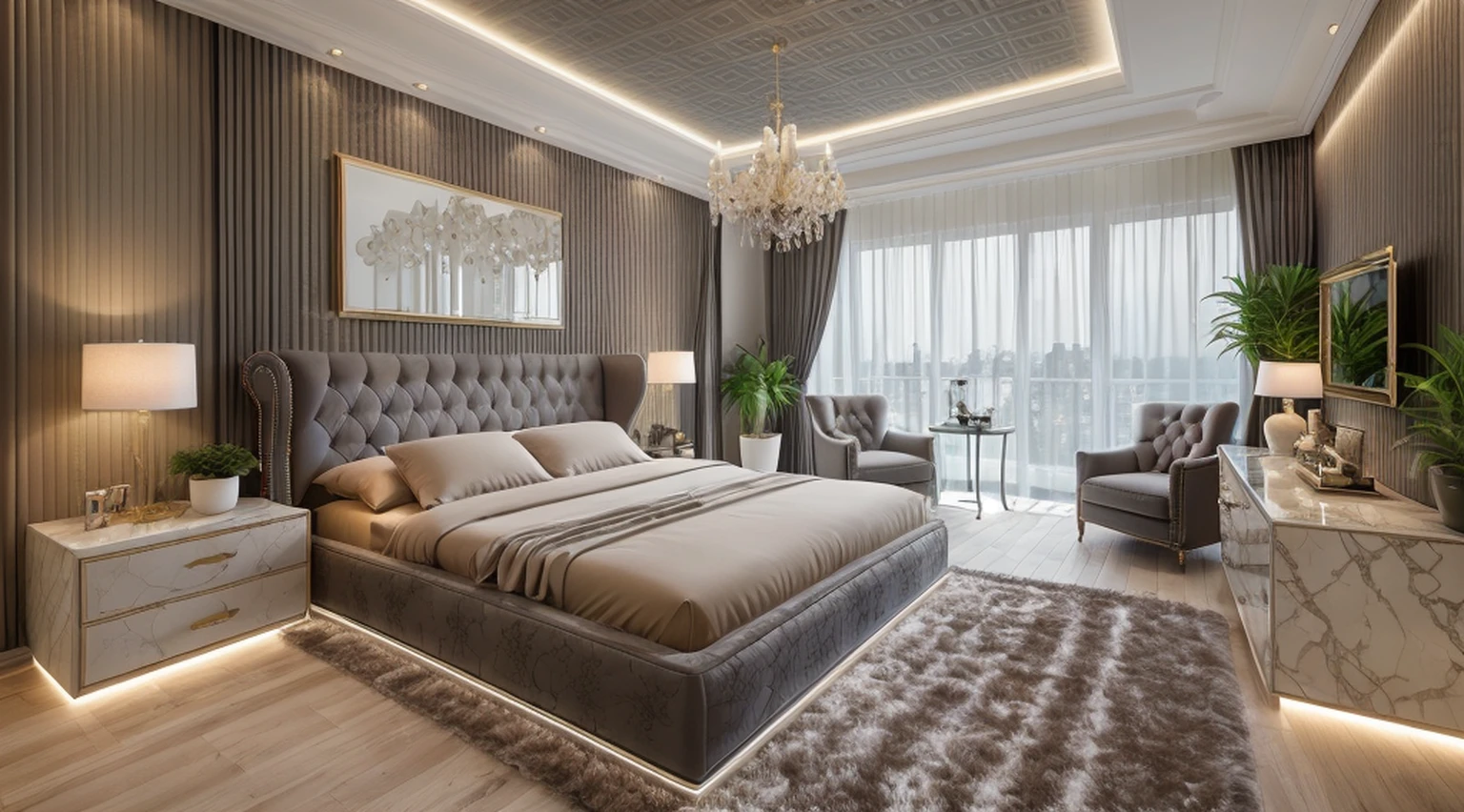 in the night, nice lighting,
luxurious bedroom interior design, luxury interior, luxurious bed,tufted carpet, large glass window with gray drapes, natural light, softlight, (flat white ceiling),masterpiece, realistic, high quality, potted plants