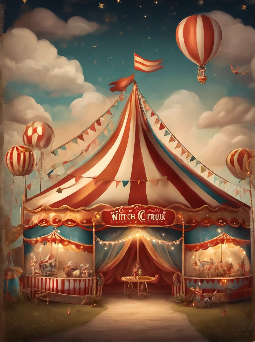 there is a drawing of a circus with a tent and a carousel, adorable and whimsical, whimsical and cute, dreamy and detailed, witchlight carnival, dreamy illustration, welcome to the circus, illustrated in whimsical style, very magical and dreamy, in the white clouds fairyland, circus, circus background, curiosities carnival, desert circus, big top circus tent