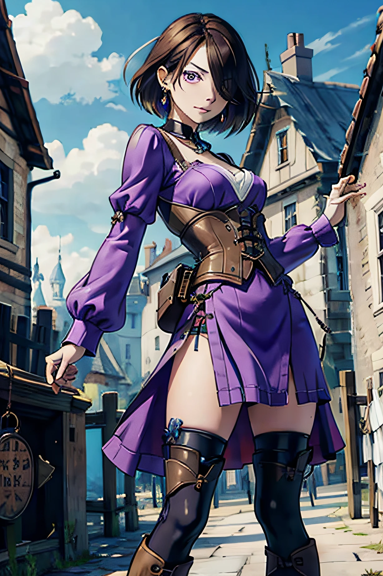 Thron, 1girl, solo, masterpiece, best quality, (grin, looking back:0.5), (brunette, hair over one eye, short hair, fluffy hair:1.2), (holding knife, weapons under the skirt:0.8),
purple dress, v-shaped eyebrows, earrings, Iron collars for prisoners, leather boots,
bandits, robber, cities and towns, Middle Ages, messy corner,
(steam engine, steamer, steam train:0.6),