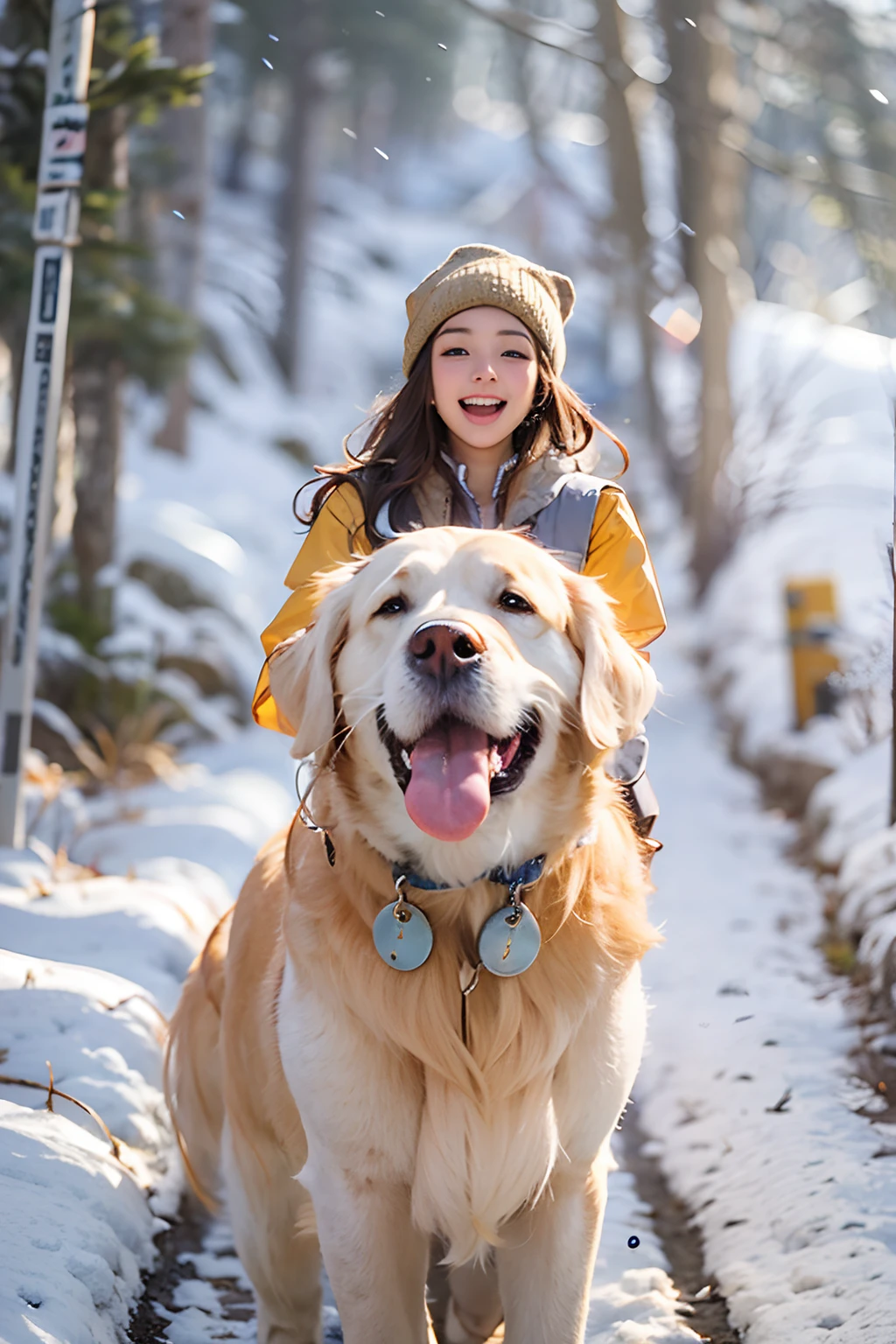 18-year-old girl, Clear facial features, Happy and a golden retriever, Walk on mountain trails, There was snow on the road.