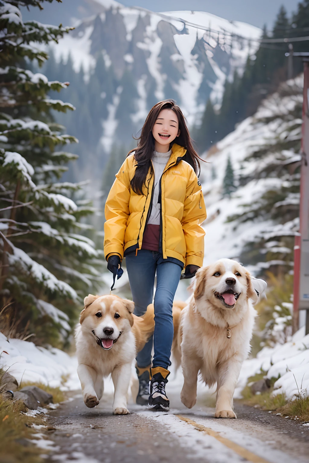 18-year-old girl, Clear facial features, Happy and a golden retriever, Walk on mountain trails, There was snow on the road.