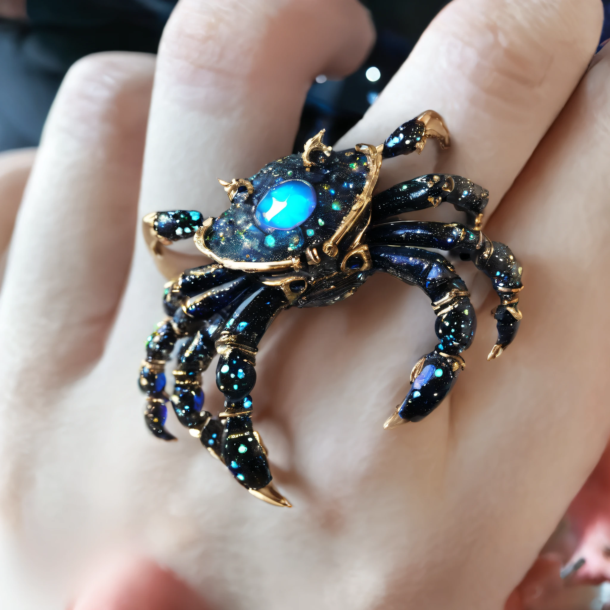(Ring close-up of crab gravel opal:1.5), (Opal set with cute crab eyes and mouth),Playful and clever tentacles on the head,(2 crab clips wrapped around the ring handle:1.0),Complete limbs full of details,对称,(Professional inlaying),copious jewelry, ,Platinum and gold thread,Cute shape,Cartoony,Black gold