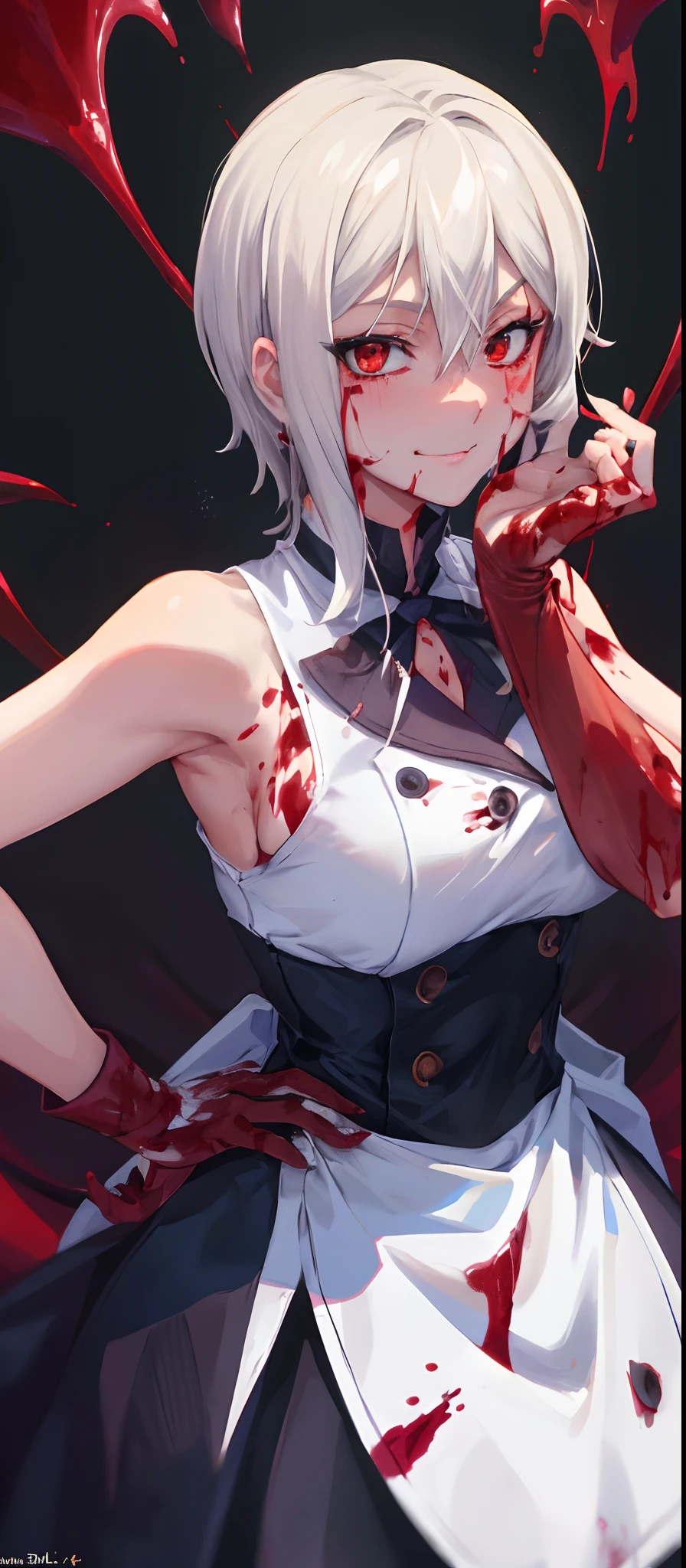 (masterpiece), best quality, AliceKV4, 1girl, solo, looking at viewer, smile, anime coloring,upper body, (blushed, healthy skin), authority, (((sleeveless))), blood on face, breasts, ((sadistic girl, blood on face, blood on hair, bloody girl)), white hair, ((((dark theme, mistress)))), solo.