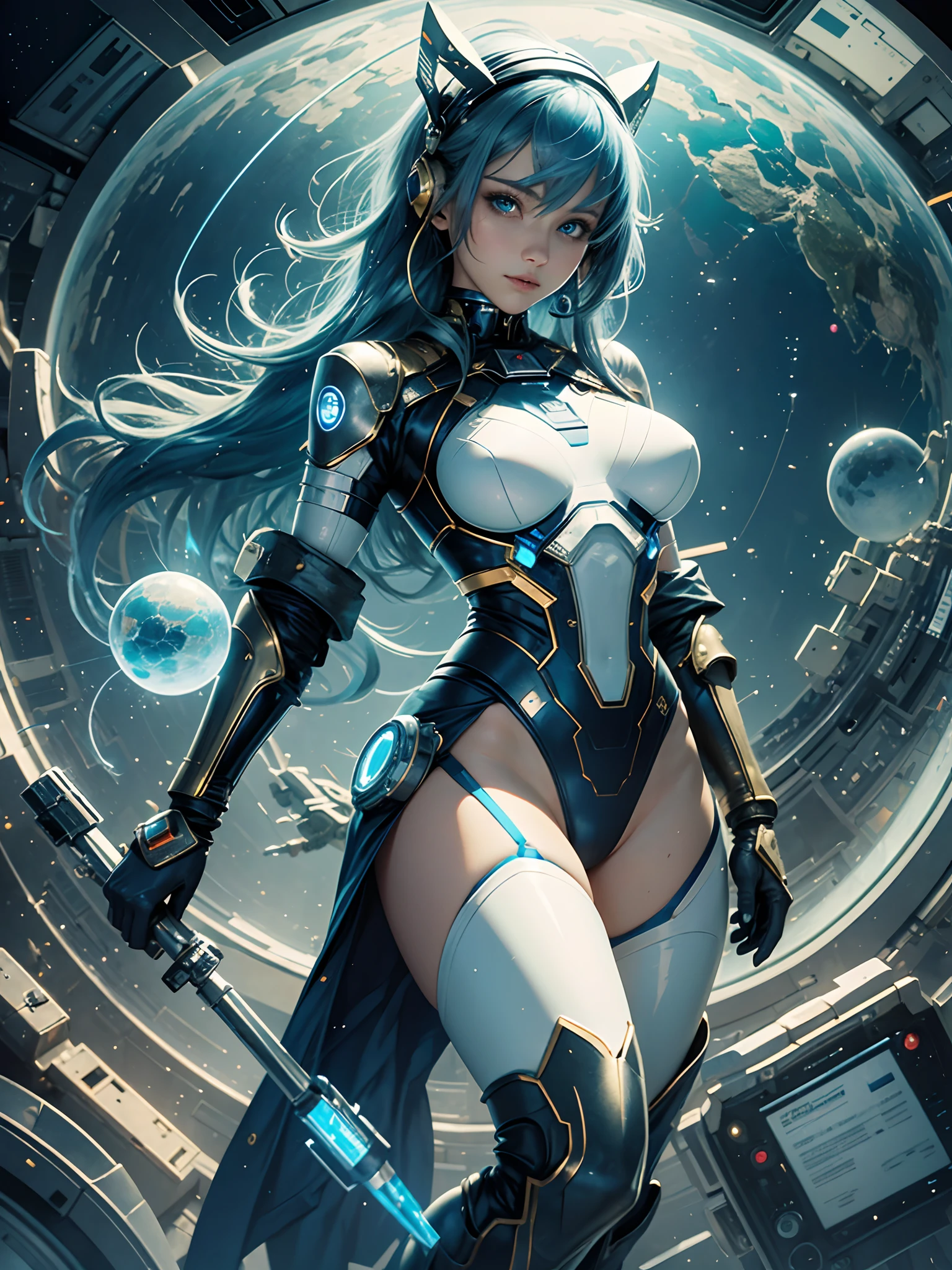 full - body, Blue hair, blunt of, Masterpiece, Top Quality, official arts, an album cover, очень проработанные обои CG Unity 8K, Single Woman, Woman from Japan, full - body, Super High Resolution, (Photorealistic: 1.4), Dynamic Angle, dynamicpose, Mystic Power, particles floating, reflection, So cute, sparkling blue eyes, golden hour lighting, Pilot suit in white, blue and black, close-fitting clothes, The clothes, covering the whole body, knee boots, (swollen eyes), The viewer is watching, front, beautiody, Average Breasts,, shirt lift, metal wire, shapely body, Gloves at arm's length, Anime Heroine, gentle smile, earphones, shelmet, Detailed robot cab, Super futuristic space