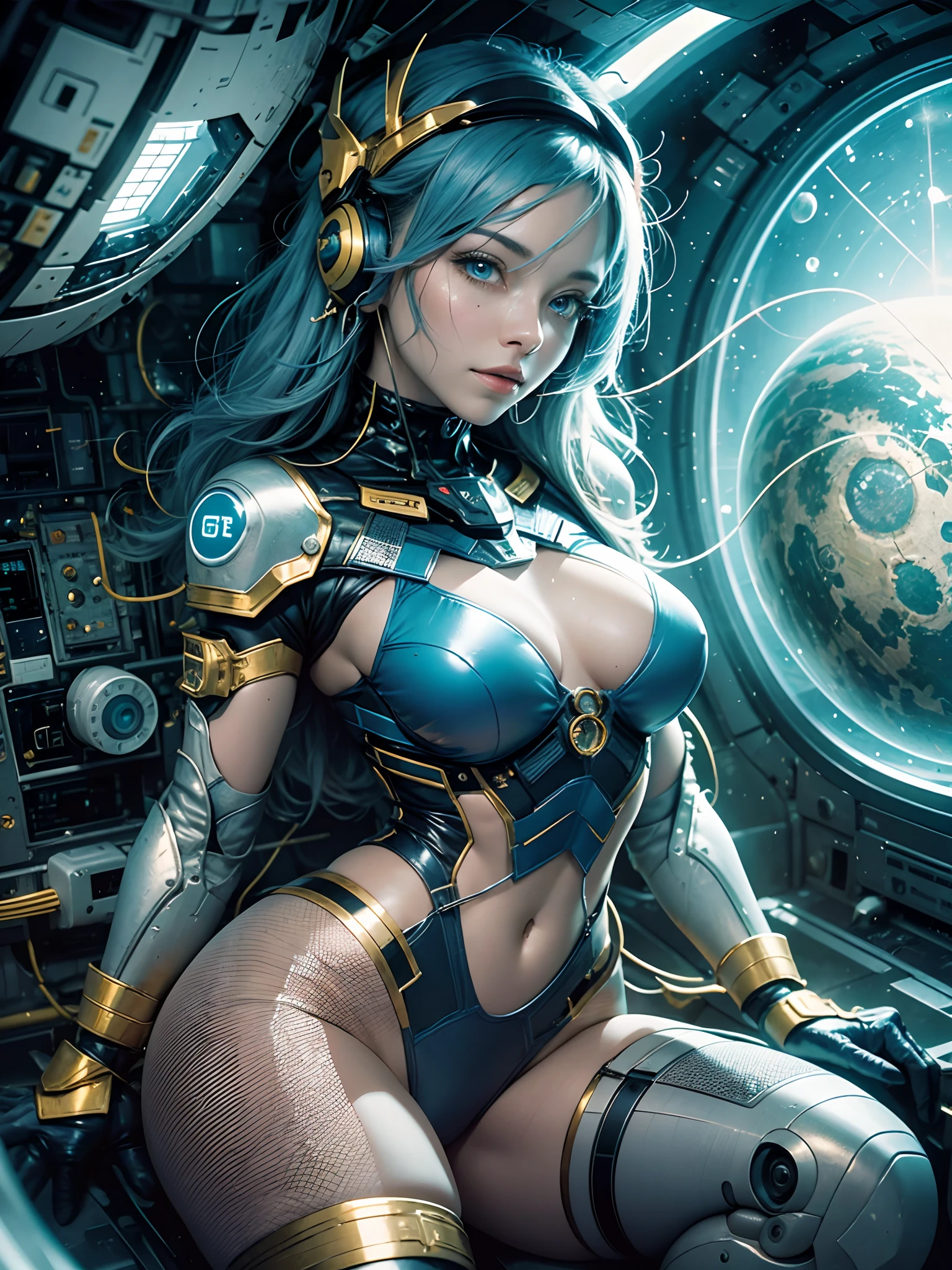 full - body, Blue hair, blunt of, Masterpiece, Top Quality, official arts, an album cover, очень проработанные обои CG Unity 8K, Single Woman, Woman from Japan, full - body, Super High Resolution, (Photorealistic: 1.4), Dynamic Angle, dynamicpose, Mystic Power, particles floating, reflection, So cute, sparkling blue eyes, golden hour lighting, Pilot suit in white, blue and black, close-fitting clothes, The clothes, covering the whole body, knee boots, (swollen eyes), The viewer is watching, front, beautiody, Average Breasts,, shirt lift, metal wire, shapely body, Gloves at arm's length, Anime Heroine, gentle smile, earphones, shelmet, Detailed robot cab, Super futuristic space