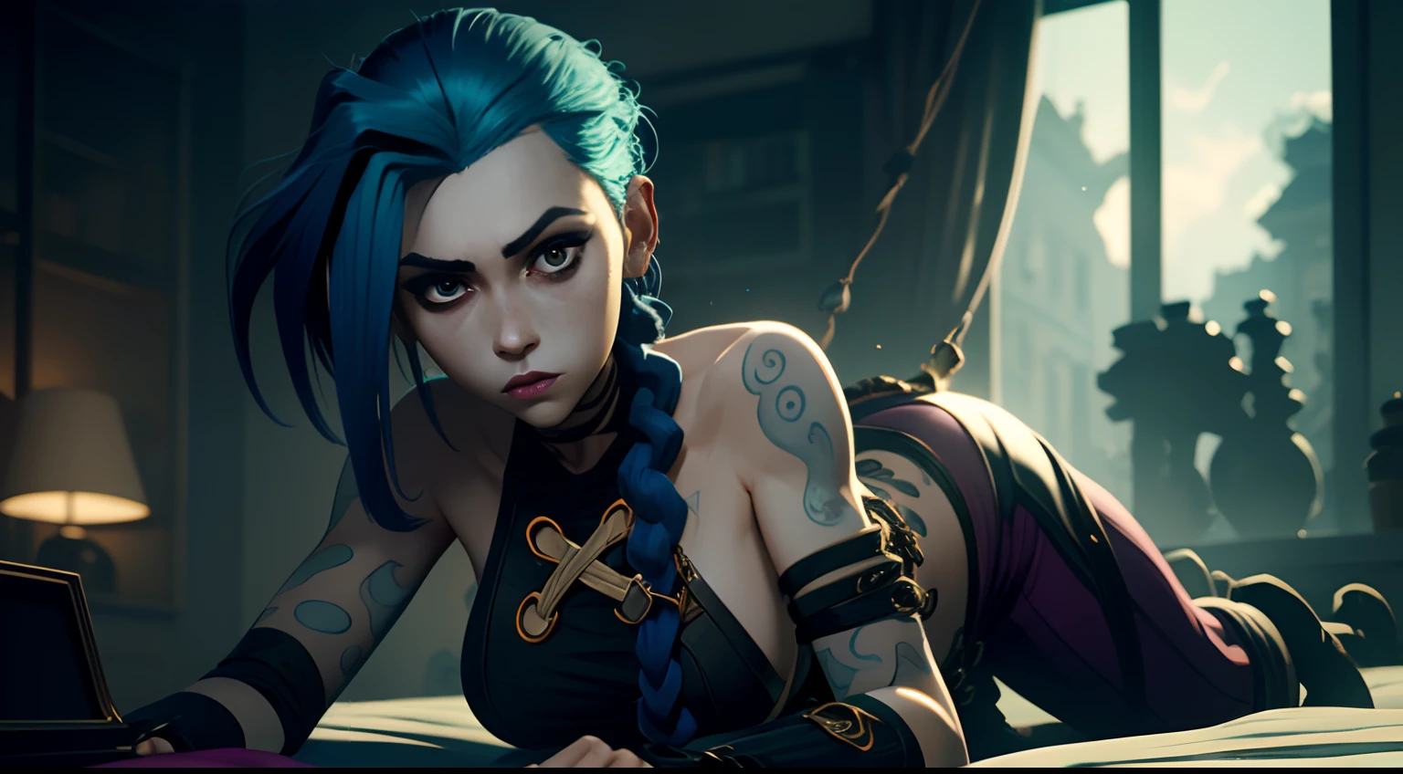 Jinx's character design, Dynamic movements, lying naked on her back, bare breast, covers the chest with his hands, Swollen , butt, kitty, sexypose, Beautiful figure, Arcane's Jinx, Bright blue and purple sparks all around, glowing eyes, Pink glowing eyes, hairlong, hairsh, braided into long braids, Pigtails hang below the knee, Hair color changes from bright blue to navy blue, Dressed in brown breeches, Leather boots on the feet, Top with four gold circles on the chest in the middle of the chest, Blue cloud tattoos on shoulders and waist, Long bangs, hanging on the right side, Belt with cartridges on the belt, Arcane style, extremely detailed CG unity 8k wallpaper, detailed light, Cinematic lighting, chromatic aberration, glittering, expressionless, epic composition, dark in the background, Cherecter Desing, Very detailed, Detailed body, Vibrants, Detailed Face, sharp-focus, anime art, Vibrants, Detailed Face, Hugh Details, sharp-focus, Very drooping face, A detailed eye, super fine illustration, better shadow, finely detail, Beautiful detailed glow, Beautiful detailed, Extremely detailed, expressionless, epic composition,