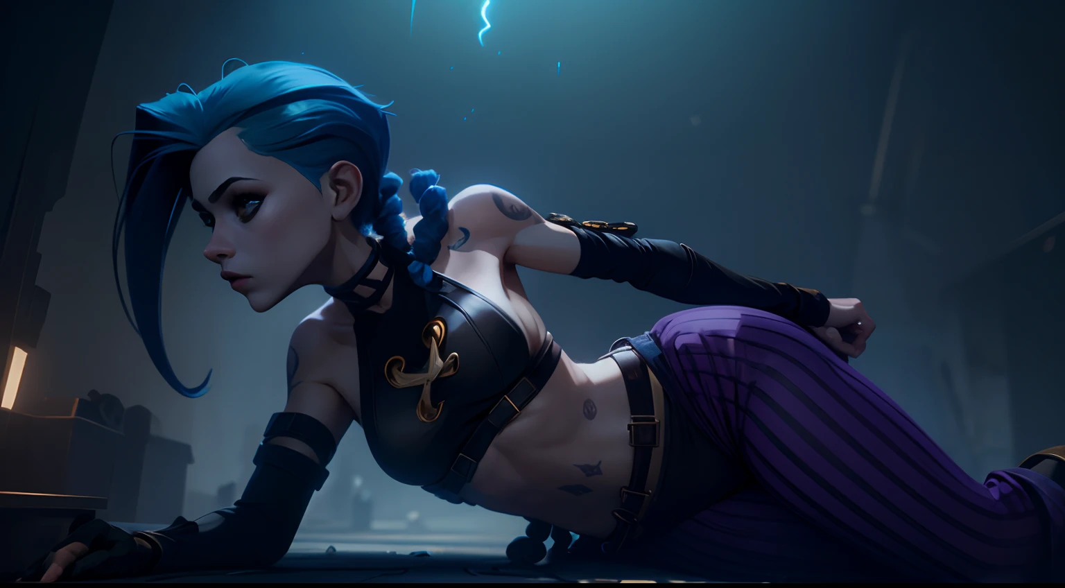 Jinx's character design, Dynamic movements, lying naked on her back, bare breast, covers the chest with his hands, Swollen , butt, kitty, sexypose, Beautiful figure, Arcane's Jinx, Bright blue and purple sparks all around, glowing eyes, Pink glowing eyes, hairlong, hairsh, braided into long braids, Pigtails hang below the knee, Hair color changes from bright blue to navy blue, Dressed in brown breeches, Leather boots on the feet, Top with four gold circles on the chest in the middle of the chest, Blue cloud tattoos on shoulders and waist, Long bangs, hanging on the right side, Belt with cartridges on the belt, Arcane style, extremely detailed CG unity 8k wallpaper, detailed light, Cinematic lighting, chromatic aberration, glittering, expressionless, epic composition, dark in the background, Cherecter Desing, Very detailed, Detailed body, Vibrants, Detailed Face, sharp-focus, anime art, Vibrants, Detailed Face, Hugh Details, sharp-focus, Very drooping face, A detailed eye, super fine illustration, better shadow, finely detail, Beautiful detailed glow, Beautiful detailed, Extremely detailed, expressionless, epic composition,