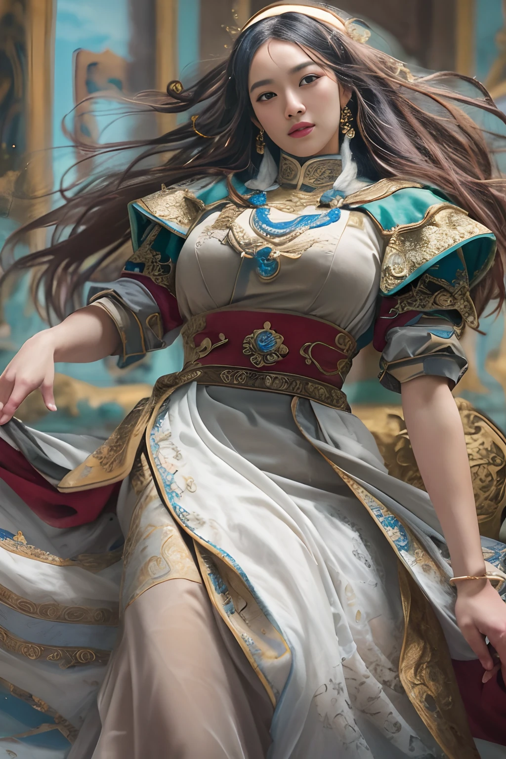 (RAW photo, bestquality), (Realistic, photo-realistic:1.3),Hijab dress, bestquality, high-detail, masterpiece, ultra-detail, illustration, 1girls, upon_body, dynamic angle, World Masterpiece Theater, messy_long_hair, bestquality, extremely detailed cg unity 8k wallpaper, ink, Marvel, Cinematic lighting, lens_flare, dunhuang_style,