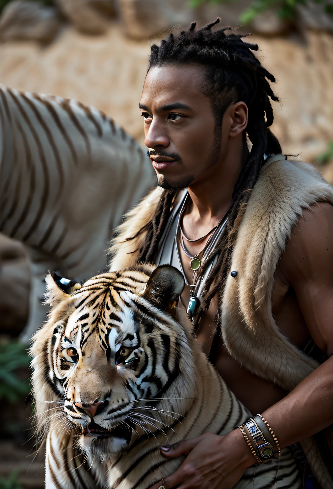 arafed man with dreadlocks holding a white tiger, movie still 8 k, still from a live action movie, portrait shot 8 k, 8 k movie still, high res 8k, 4k still, lord of the jungle, 8k 28mm cinematic photo, 8 k film still, man is with black skin, still from a fantasy movie, detailed eyes