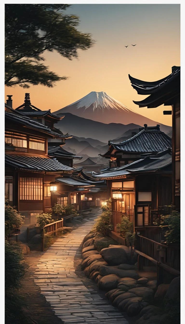 A view of a Japanese village where no one is present at night , Clean white background, Professional vector, Full shot, 8K resolution, Impressive illustration
