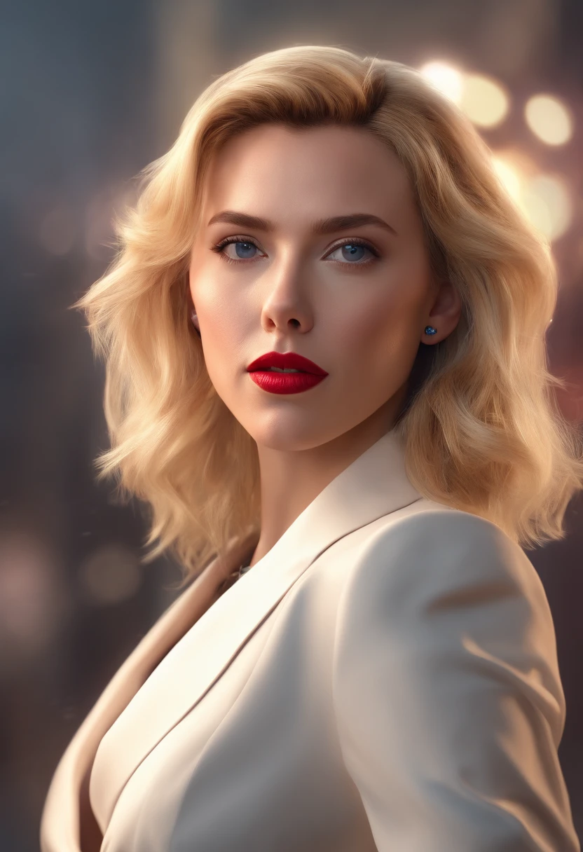 Photorealistic 3d blonde Scarlett Johansson with deep red lipstick. DNEG VFX, Wetä VFX, Pixomondo, Stereo D, and BOT VFX. Scarlett Johansson is in a white blazer.hyper realistic,sharp focus, perfect composition, high contrast,cinematic, atmospheric, ethereal fantasy.3dar Animation. Scarlett is whispering saying: "I'm the fairest of them all." below angle wide shot.