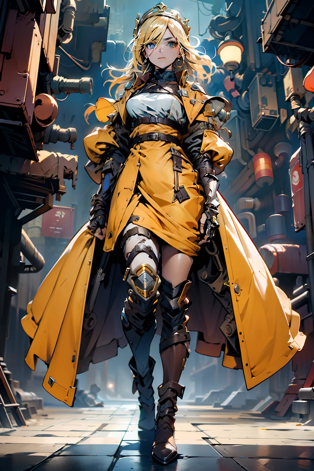 Historia Reiss Queen character from the manga attack on titan, cyberpunk style, Historia Reiss queen, wearing crown, shorthair, blonde hair, wearing queen costum cyberpunk version, wearing queen costum, (top-quality, 8K, 32K, masterpiece), (dynamic pose), (looking at camera), use double sword, shapeless hair, colorful cyberpunk clothing, cyberpunk city background, cinematic lighting, best proportion, fullbody, cyberpunk anime girl mech, cyberpunk character design, female cyberpunk, gold crown on head, holding double blade.