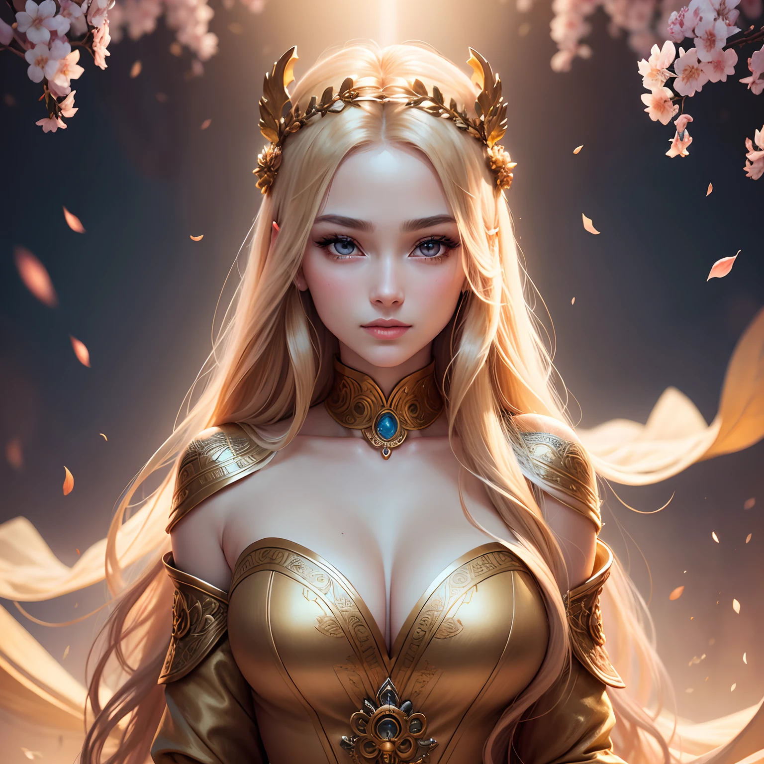 Cherry blossoms in the air,With many petals on your palm,femele,long,Brown eyes,A smile,rainbows,a picture,with light glowing,big eye,Natural smile,Flowing hair,Light and long hair, Absurd, Ultra-detailed, High quality, masutepiece, Detailed face, Beautiful eyes(Detailed eyes), Greek mythology, Goddess, hera , Deities々Queen of, Impressive and captivating, The characteristics are classically beautiful, with high cheekbones, A perfectly proportioned face, Eyes depicted as large and seductive, Hold a strong gaze, Golden hair , Goal hair is rich and flowing, Flowing down her back like a wave , Wearing an elegant robe decorated with intricate patterns , Her beauty is not superficial、Embodying the essence of power,