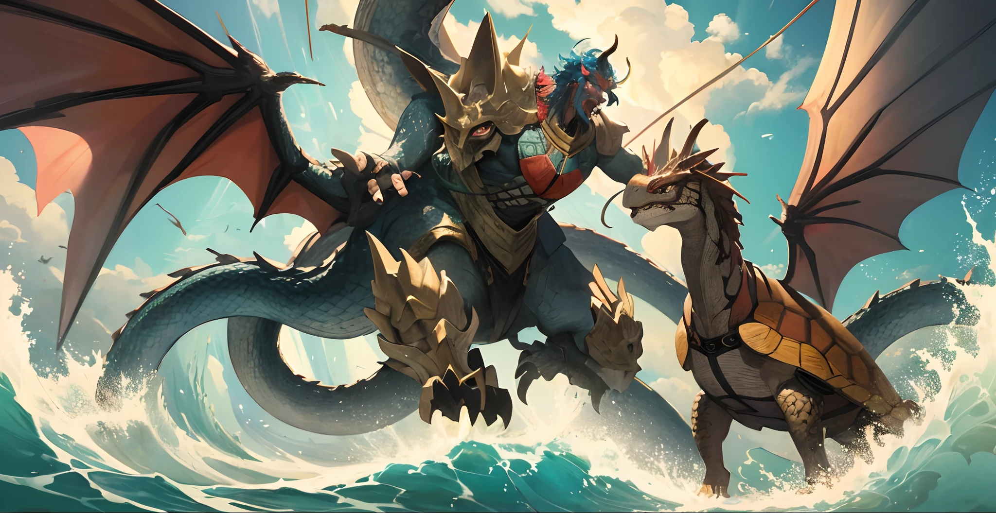 China-style,Chinese mythology,Dragon turtle,faucet,Angular,Turtle body,Heavy tortoiseshell shell,The tail of the snake grows out,has horns on its head,tosen,Ferocious,gargantuan,The eyes glow blue light,the sea,Huge waves,surrounded by cloud,中景 the scene is,Full body like, highly detailed surreal vfx,oc rendered