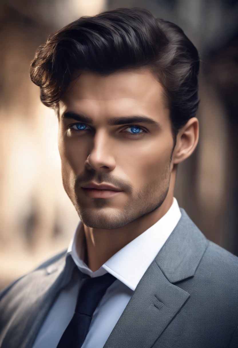 (professional man in stylish clothes), (no beard,) (blue eyes) (portrait) Handsome and serious appearance, dark blue hair, Elegant and elegant, and strong body very formal white shirt, (Picture realistic and high quality), ((Best quality, 8k, master piece).