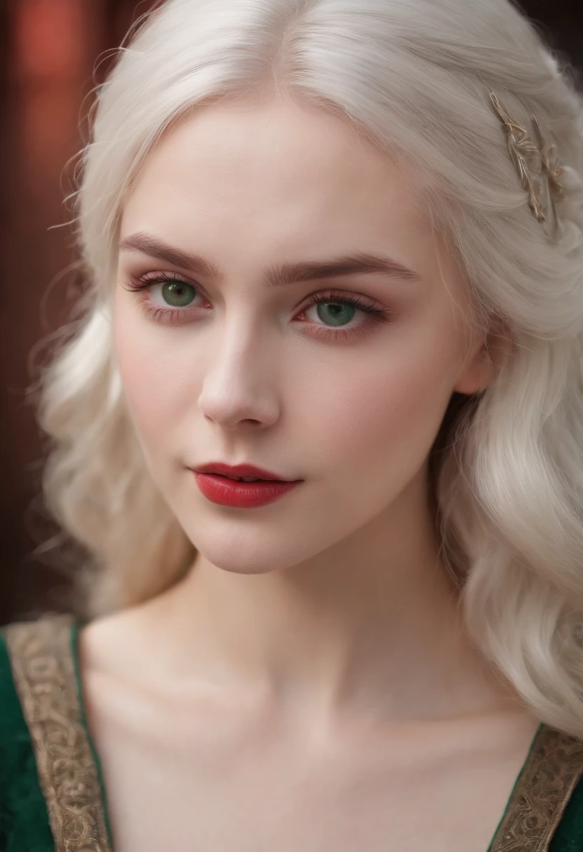 (((a deep reddish wound crosses her left cheek))) fair complexion, woman around 19 years old, natural white hair, distinctive green eyes, wearing kohl, slender and graceful, beautiful, candlelight in a medieval setting, ultra sharp focus, realistic shot, medieval female clothes, tetradic colors (scar:1.4)