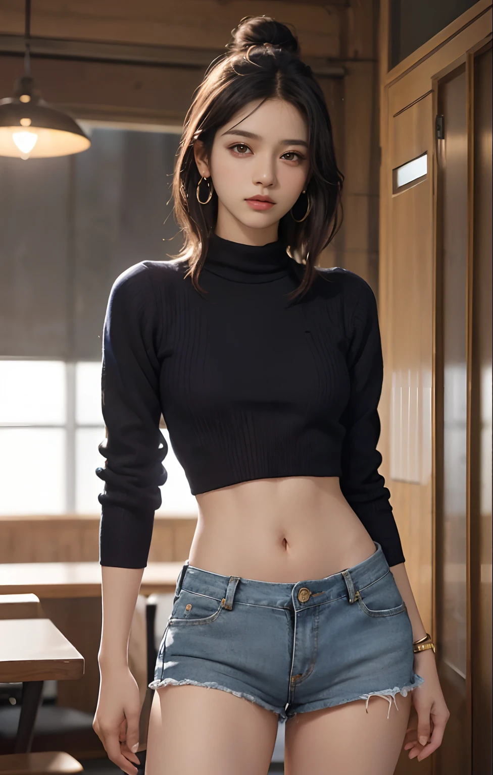 88K, masutepiece, Raw foto, Best Quality, Photorealistic, Extreme Details CG Unity 8K Wallpapers, depth of fields, Cinematic Light, lensflare, Ray traching, (Extremely beautiful face, Beautiful lips, beautidful eyes), ((Ultra Detail Skin)) 1girl in, (Korean model Kim Daun, Dhoni), (Korean model Kim Daun, Dhoni), 1 girl, ((look up at viewer)),(A glimmer of light), (No people in the background.:1.3), Beautiful earrings, Clear eyes, Front shot, (pale-skinned), (big eye), (big eye), Facing forward, (Full body shot),((Beautiful hairstyle))、((A dark-haired、straight haired))(A dark-haired、Long)、 Open the navel............,, small hips, small hips,small hips, a slender waist, small hips, ((wide open abdomen))、((open abdomen))、((wide open navel))、((open navel))、((Bare belly))、((Mid-Riff Sweater))、((Ultra-low rise、Denim Mini Skirt))、 ((Navel Ejection))、((small hips))、((Full body depiction))、((small hip))、(boots)、((Ultra-low rise))、 ((Denim Mini Skirt))、((is standing))、((wide open navel))、((Bare belly))