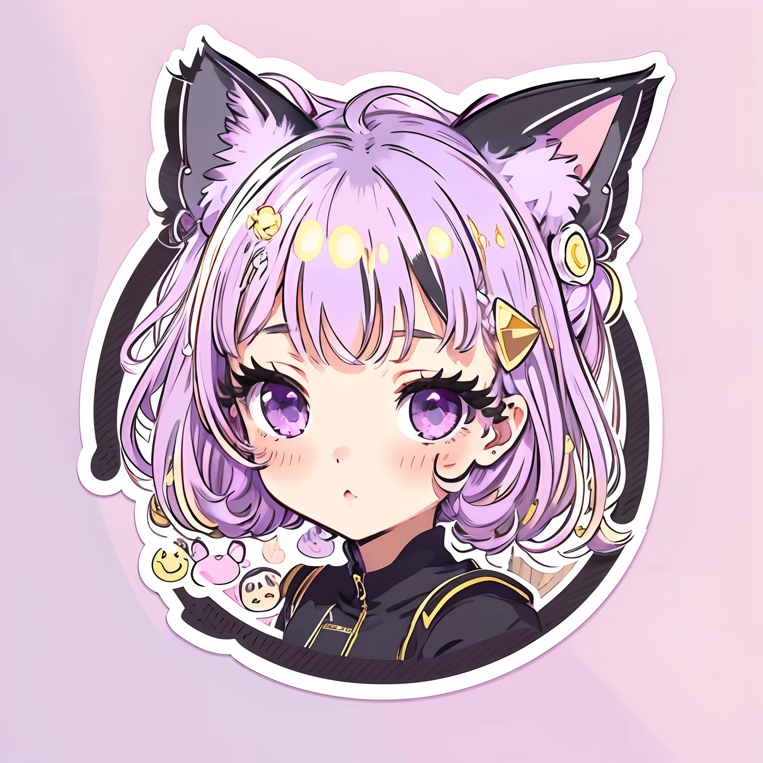 Sticker, Cute anime girl head, Black hairstyle,Deep purple eyes，Black cat ears，cute clothing，Lazy feeling，in circle, White background, Pink background，Gold border，Simple, Ultra detailed, Detailed drawing, vectorised, Silhouette, 8K, professional sticker design, Flat design, Vector lines, Sticker, Drawing, Drawing, Full-HD