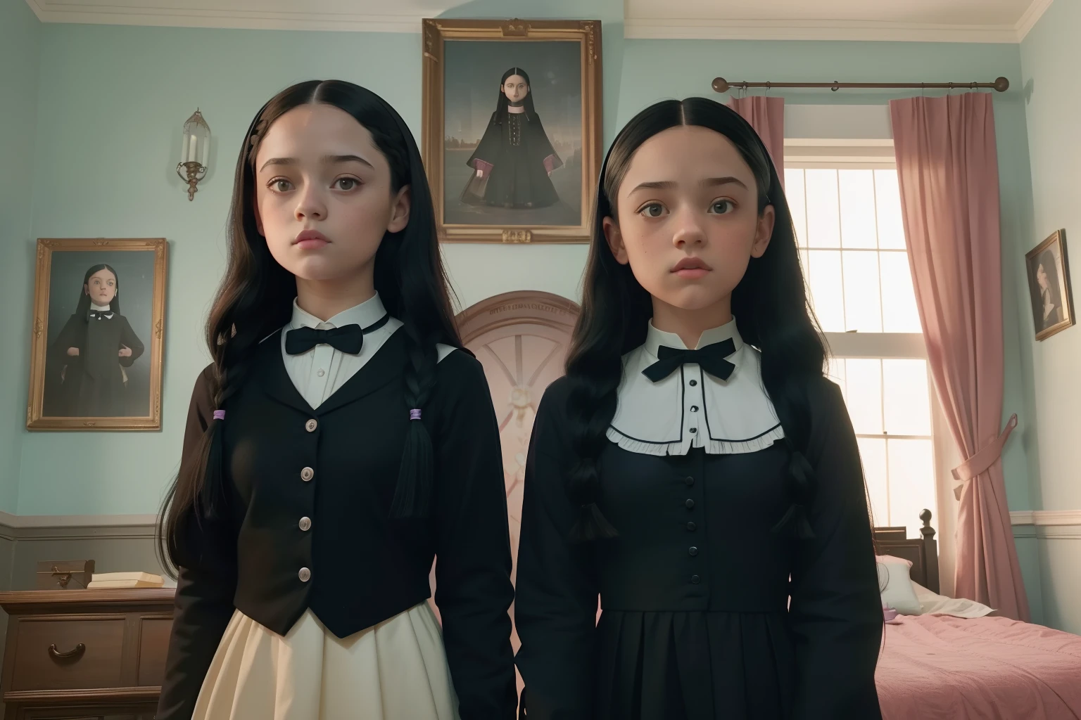 year: 2023. Location: Nevermore boarding school. Pre-Raphaelite scene with jenna ortega as wednesday addams and emma myers as enid sinclair, in their bedroom, ((((Clothing from the 2020s)))) ((Hairstyle of the 2020s)), pastel colors, (((cinematic style)))