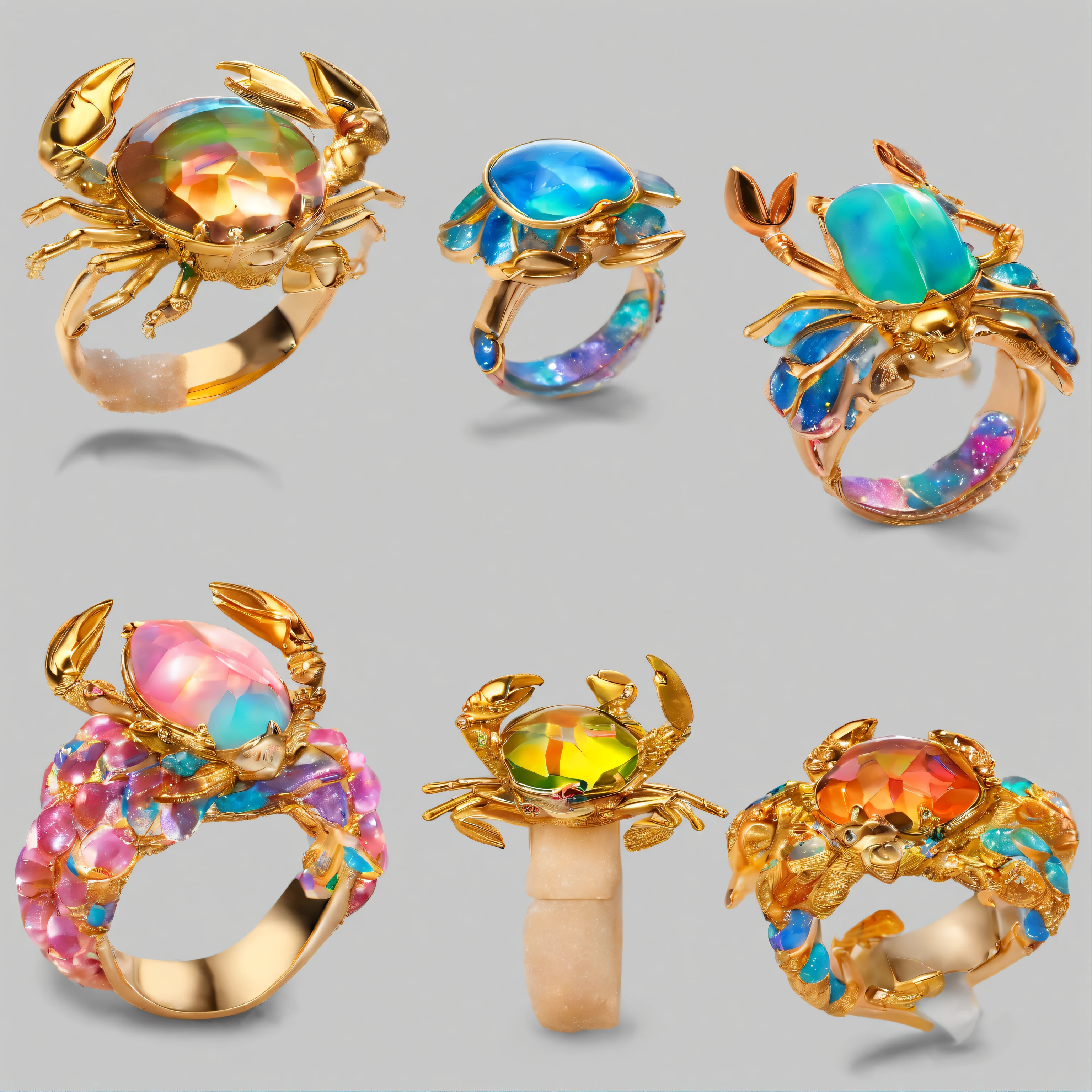 (Ring close-up of crab gravel opal:1.5), (Opal set with cute crab eyes and mouth),Playful and clever tentacles on the head,(2 crab clips wrapped around the ring handle:1.0),Complete limbs full of details,对称,(Professional inlaying),copious jewelry, ,Platinum and gold thread,Cute shape,Cartoony,Black gold