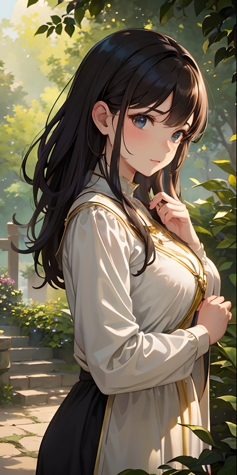 A photograph of a peasant woman, s1enna with brunette hair, Set in a lush medieval village. She stands beside an old stone well, her rustic clothes brightly hued in earthy tones. Golden sunlight filters through the vibrant green foliage, casting a warm glow on her face. Her gentle smile mirrors the idyllic charm of the setting, capturing the essence of simplicity and natural beauty. photorealism, photorealistic, (masterpiece, high quality), highly detailed, very high resolution, very high detail, intricate, HDR, UHD, 8k, sharp focus, Detailed background, perfect hands, realistic eyes, natural skin texture, (blush:0.5 ), (goosebumps:0.5), Subsurface