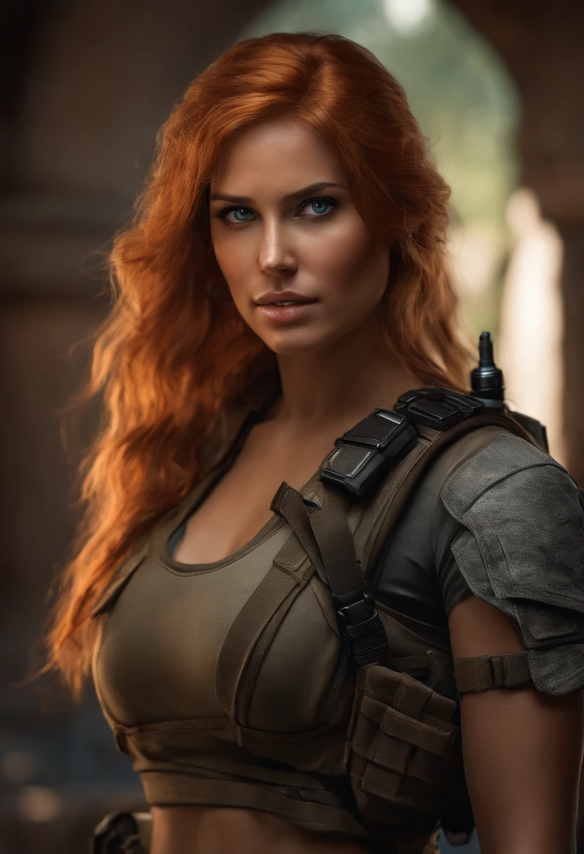 Cinematic tomb raider, a ultra-detailed hyperrealistic photography of a beautiful 25 years old tomb raider woman looking at viewer, front towards camera, combat ready, full body image, pistol in hand, (bright orange hair), blue eyes, american and korean aesthetics, long hair, night, curvy, beautiful curves, aesthetics, white t-shirt, high emphasis on detail, style Semi Impasto, matte painting, atmospheric, glowing, dramatic lighting, beautiful eyes, symmetric eyed, perfect eyes, by Magali Villeneuve, wet, moist, reflection, (masterpiece) ( Perfect proportions) (realistic photos) (highest quality) (detail) shot taken by Canon EOS R5, 50mm lens, f/2.8, HDR, (8k) (wallpaper) (movie lighting) (dramatic lighting) (sharp focus) (complex) fashion, in combat, multicam, combat zone, team leader