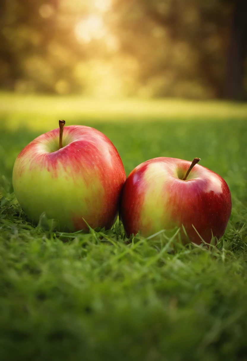 Two fresh apples on the grass split