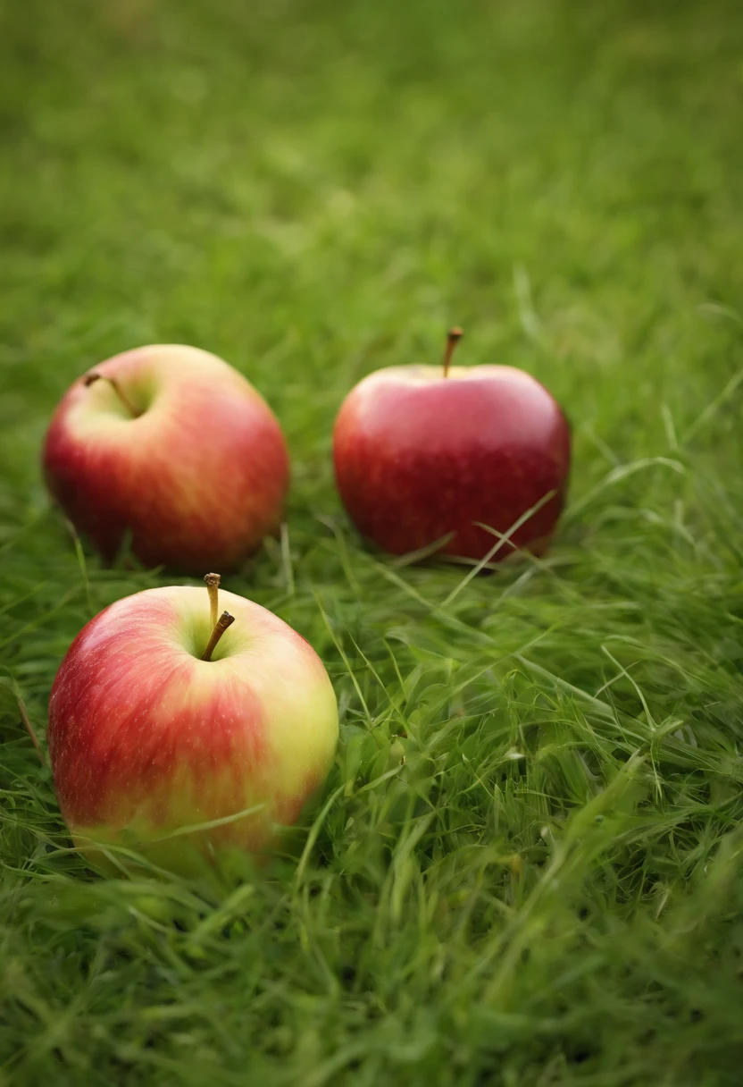 Two fresh apples on the grass split