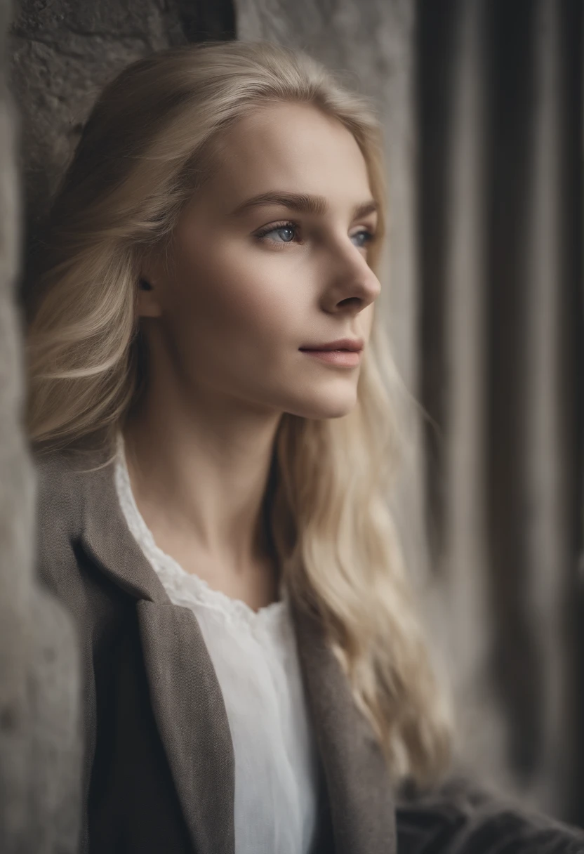 White-blond hair,Gray eye,The appearance is cool,Be aggressive,long whitr hair,White skin,Very skinny,European and American girl eighteen years old,Long is good-looking, good-looking,harry potter style。