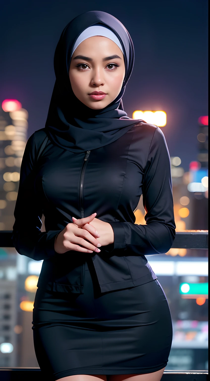 1 malay girl , modern plain hijab, shy, medium portrait shot , watery eyes , Beautiful, Amazing face and eyes, (extremely detailed beautiful face), (the most sexy look), (Beautiful big breasts), (Best Quality:1.4), (Ultra-detailed), (extremely detailed CG unified 8k wallpaper), Highly detailed, raw photos, Professional Photography, ((Business Suit)), (tight skirt), (Business shirt with open), Outdoors, (business district, night city, illuminations), (night sky), depth of fields,