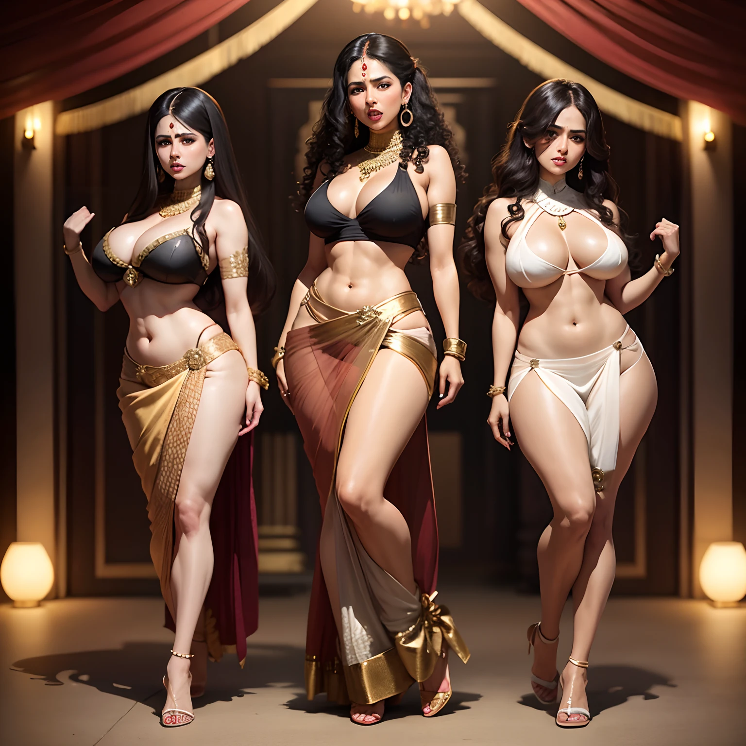 Full body view, milf, rounded breast, thick ass, six abs, long legs, ethnicity white, skin color light brown, hair color dark black, curly long hair , face angry, eyes big open, sexy, saree, Indian style Jewellery