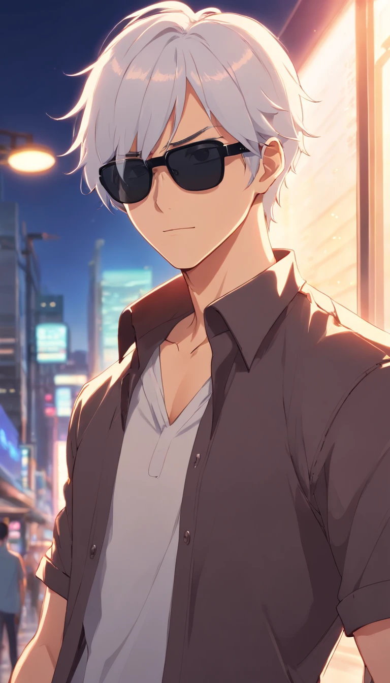 man,Macho wearing black sunglassesTBald tall with a shirt,white hair