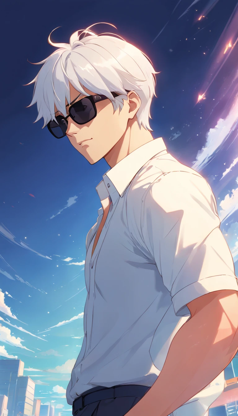 man,Macho wearing black sunglassesTBald tall with a shirt,white hair