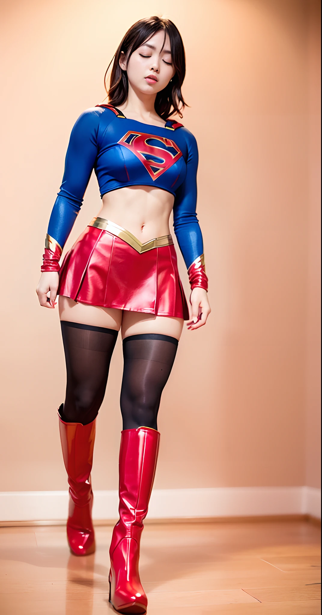 Show entire body, feet in view, aerial view, Short-haired Supergirl, large full breasts、Looking at the camera、Glossy costume, stockings, no shoes, Crotch、Red Super Mini Pleated Skirt、outdoors