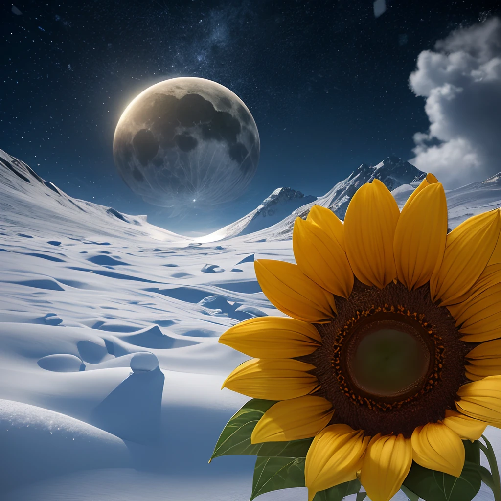 Black bat flower, a photograph of sun flower in the middle of snow, Full HD, 3D, 4K, ultra realistic, ultra detailed, hyper realism, hyper perfectionist, ultra magnificent, highly extraordinary, rigidly sensational, ultra sublime, hyper exquisite, ultra In-depth, hyper-accurate, highly accurate, very thorough, extremely particularized, rich in uniqueness, hyper-pragmatic, abundant in common sense --auto --s2