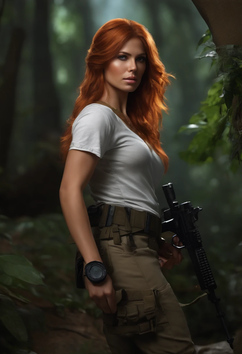 Cinematic tomb raider, a ultra-detailed hyperrealistic photography of a beautiful 25 years old tomb raider woman looking at viewer, full body, pistol in hand, (orange hair), blue eyes, american and korean aesthetics, long hair, night, curvy, beautiful curves, aesthetics, white t-shirt, high emphasis on detail, style Semi Impasto, matte painting, atmospheric, glowing, dramatic lighting, beautiful eyes, symmetric eyed, perfect eyes, by Magali Villeneuve, wet, moist, reflection, (masterpiece) ( Perfect proportions) (realistic photos) (highest quality) (detail) shot taken by Canon EOS R5, 50mm lens, f/2.8, HDR, (8k) (wallpaper) (movie lighting) (dramatic lighting) (sharp focus) (complex) fashion, in combat, multicam, combat zone, team leader
